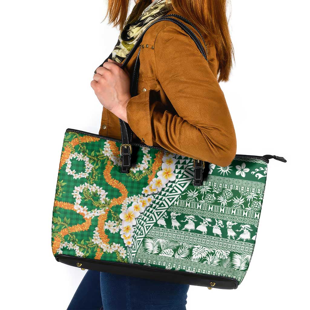 Hawaiian Plumeria Lei Leather Tote Bag Kakau Motifs and Palaka Half Style Green Color - Polynesian Pride