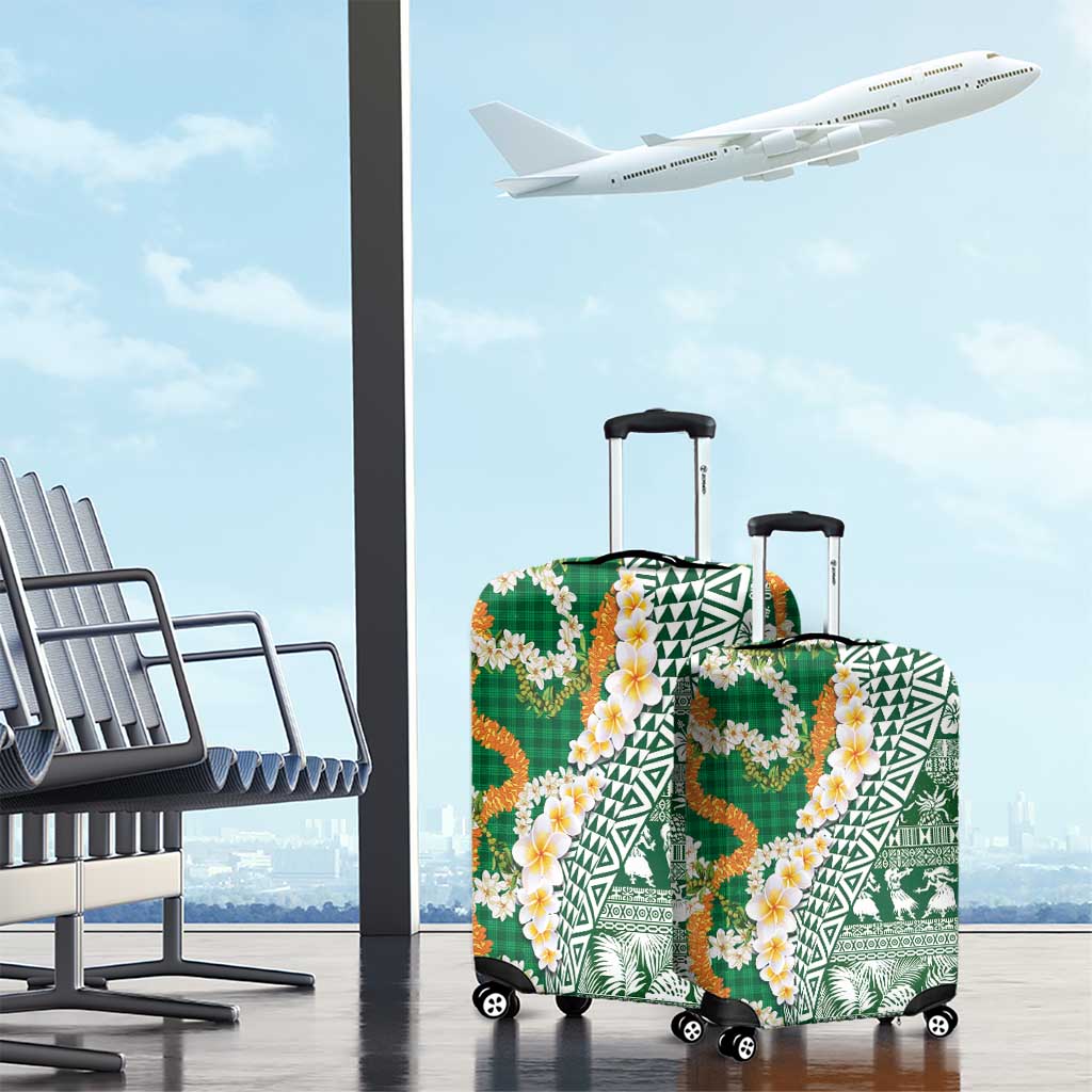 Hawaiian Plumeria Lei Luggage Cover Kakau Motifs and Palaka Half Style Green Color - Polynesian Pride