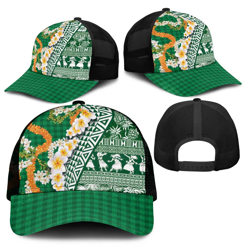Hawaiian Plumeria Lei Mesh Trucker Cap Kakau Motifs and Palaka Half Style Green Color - Polynesian Pride