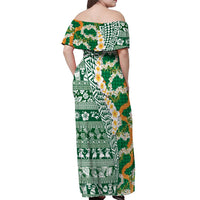 Hawaiian Plumeria Lei Off Shoulder Maxi Dress Kakau Motifs and Palaka Half Style Green Color - Polynesian Pride