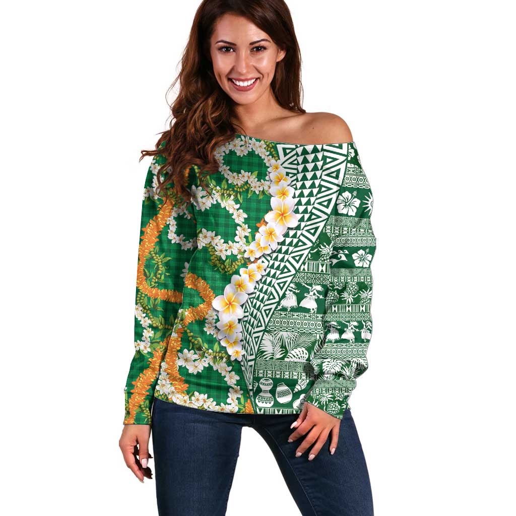 Hawaiian Plumeria Lei Off Shoulder Sweater Kakau Motifs and Palaka Half Style Green Color - Polynesian Pride