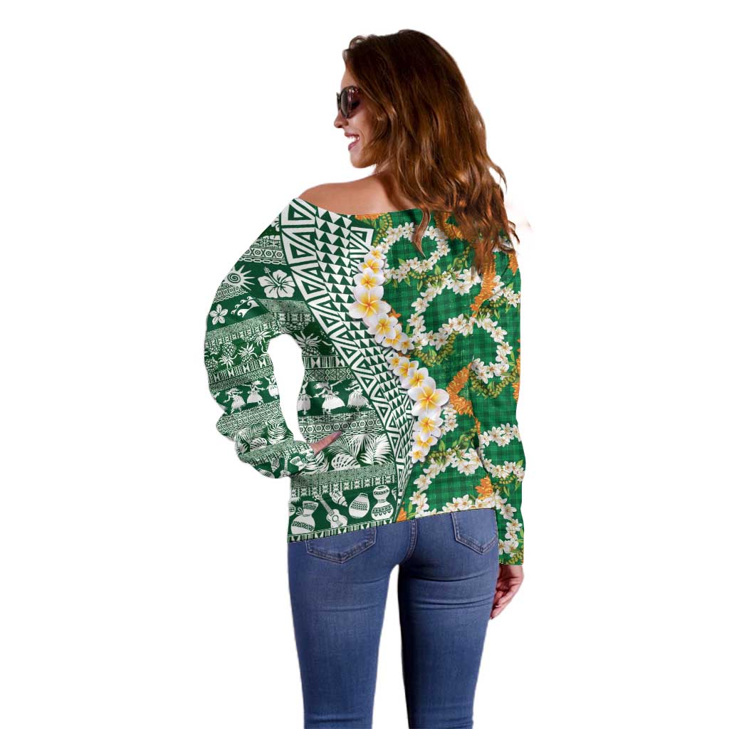 Hawaiian Plumeria Lei Off Shoulder Sweater Kakau Motifs and Palaka Half Style Green Color - Polynesian Pride