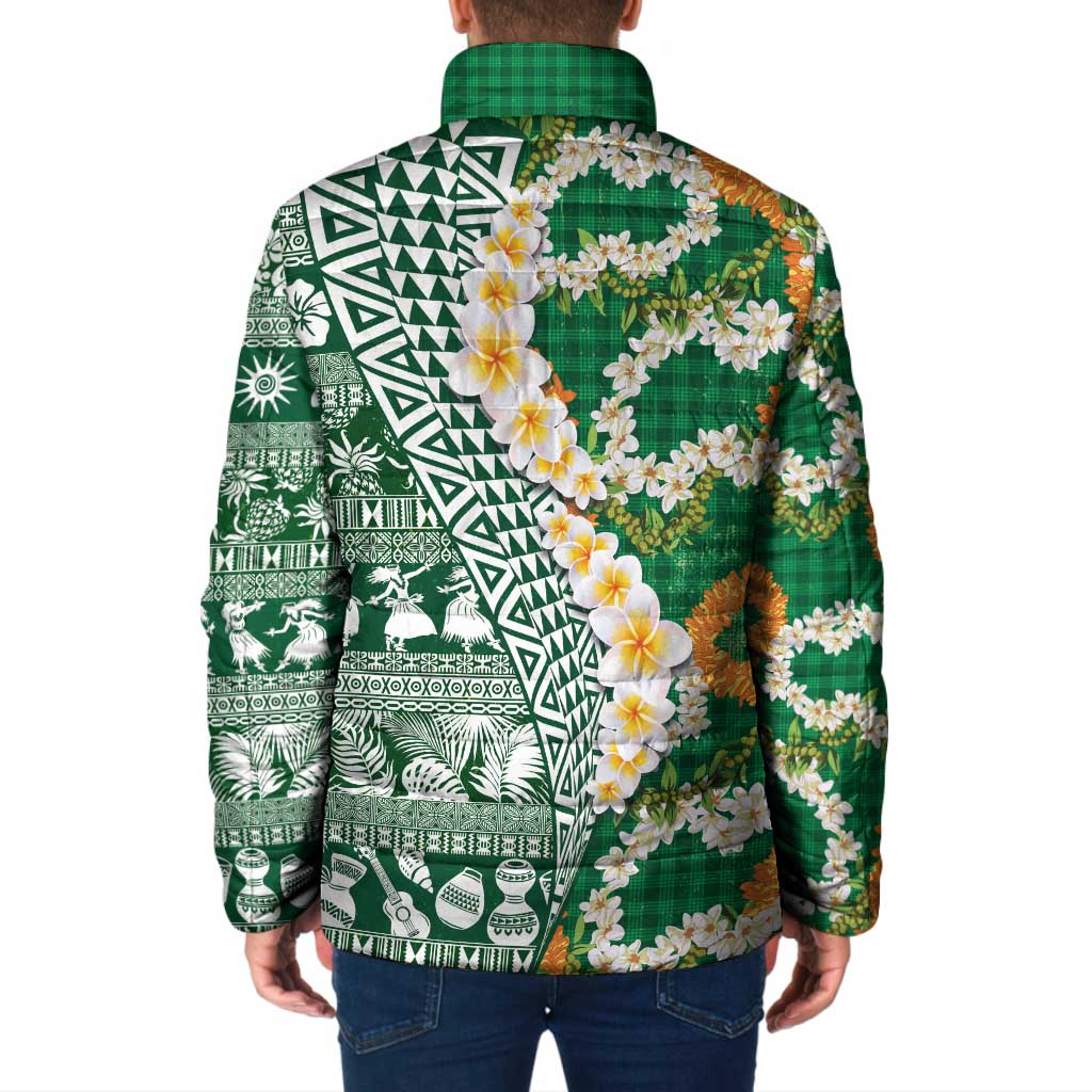 Hawaiian Plumeria Lei Padded Jacket Kakau Motifs and Palaka Half Style Green Color LT03 - Polynesian Pride