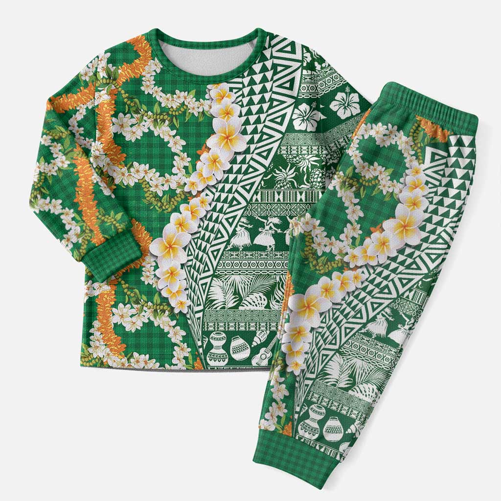 Hawaiian Plumeria Lei Christmas Pajama Set Kakau Motifs and Palaka Half Style Green Color - Polynesian Pride