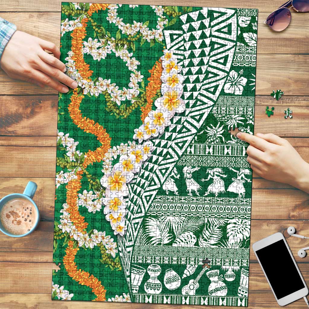 Hawaiian Plumeria Lei Puzzle Kakau Motifs and Palaka Half Style Green Color LT03 Green - Polynesian Pride