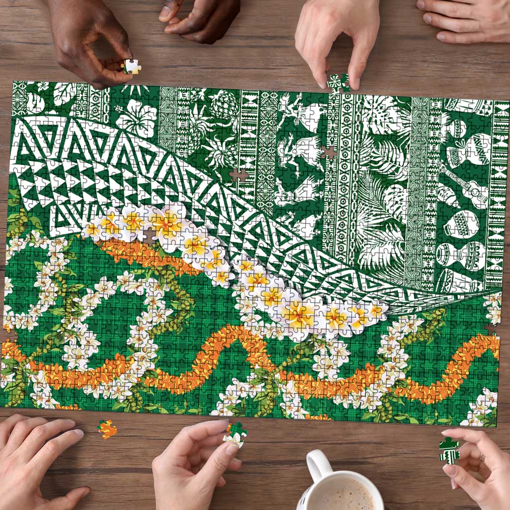 Hawaiian Plumeria Lei Puzzle Kakau Motifs and Palaka Half Style Green Color LT03 - Polynesian Pride