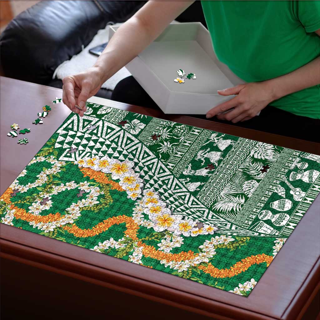 Hawaiian Plumeria Lei Puzzle Kakau Motifs and Palaka Half Style Green Color LT03 - Polynesian Pride