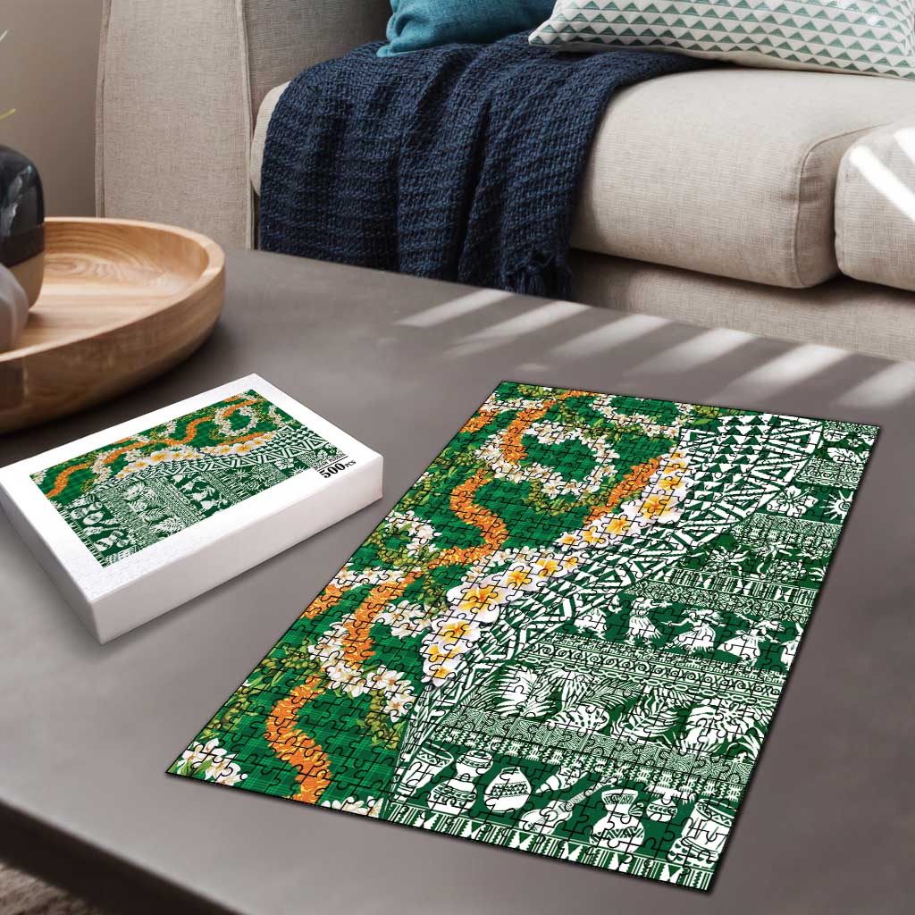 Hawaiian Plumeria Lei Puzzle Kakau Motifs and Palaka Half Style Green Color LT03 - Polynesian Pride