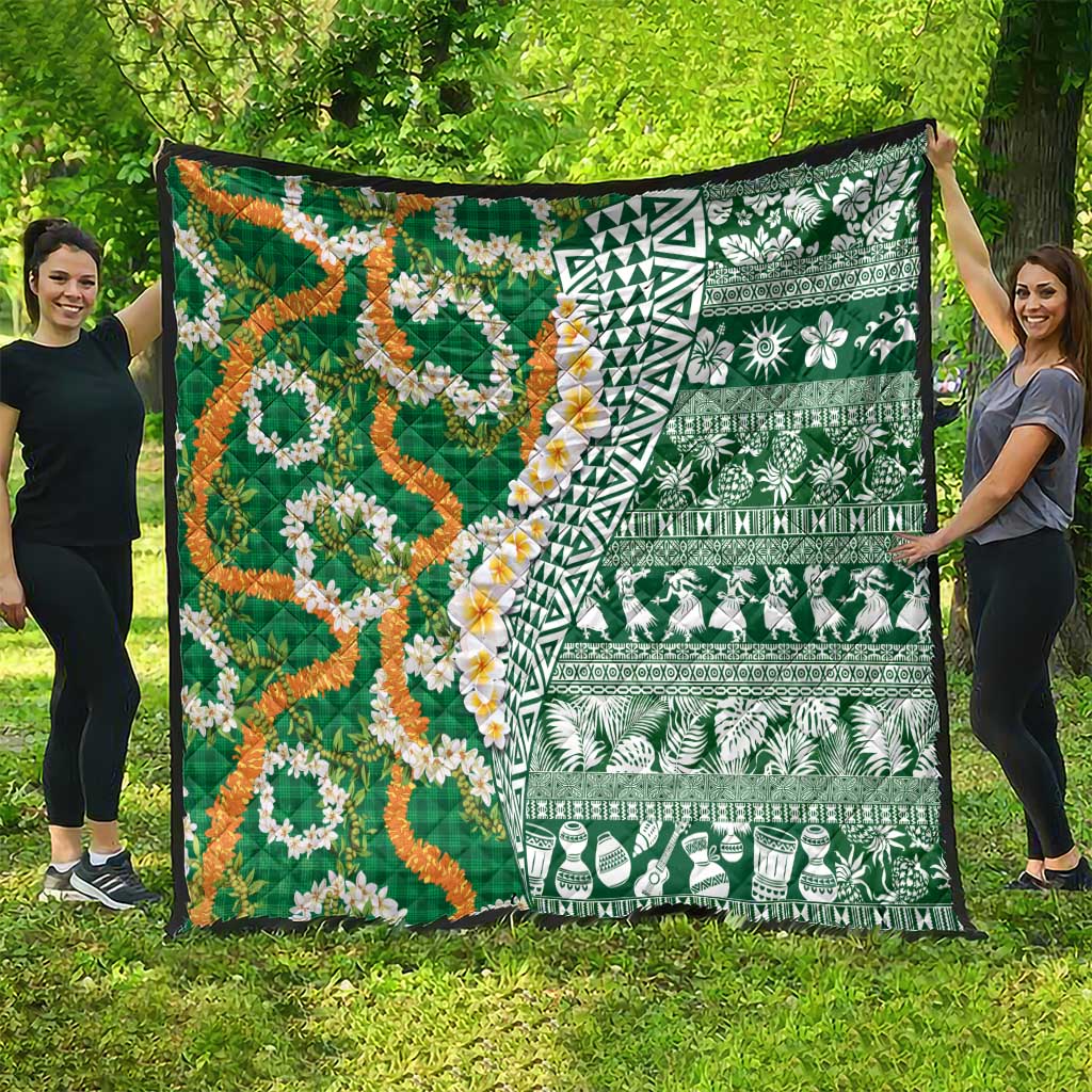 Hawaiian Plumeria Lei Quilt Kakau Motifs and Palaka Half Style Green Color - Polynesian Pride