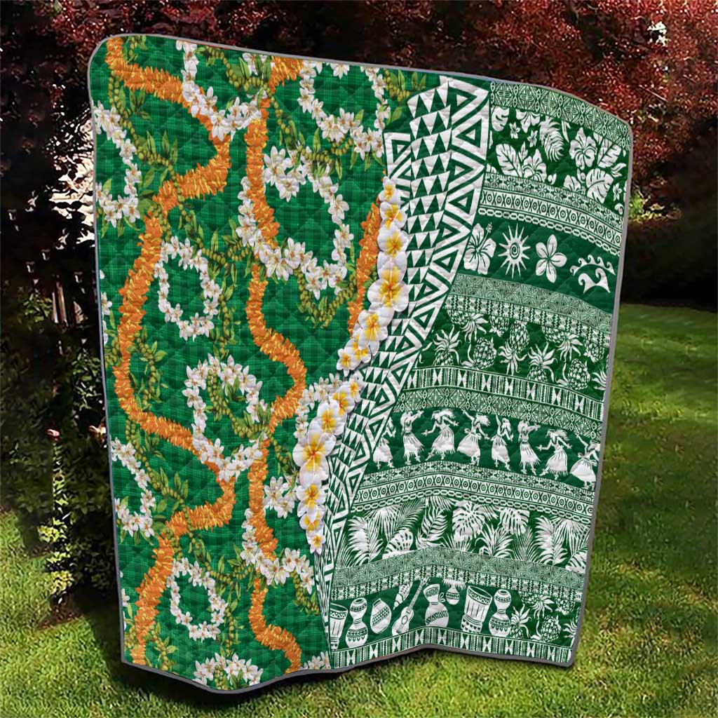 Hawaiian Plumeria Lei Quilt Kakau Motifs and Palaka Half Style Green Color - Polynesian Pride