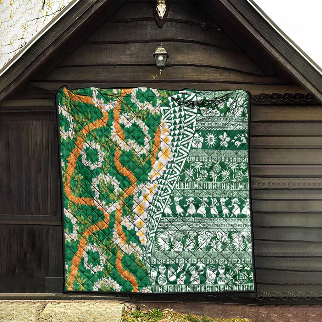 Hawaiian Plumeria Lei Quilt Kakau Motifs and Palaka Half Style Green Color - Polynesian Pride