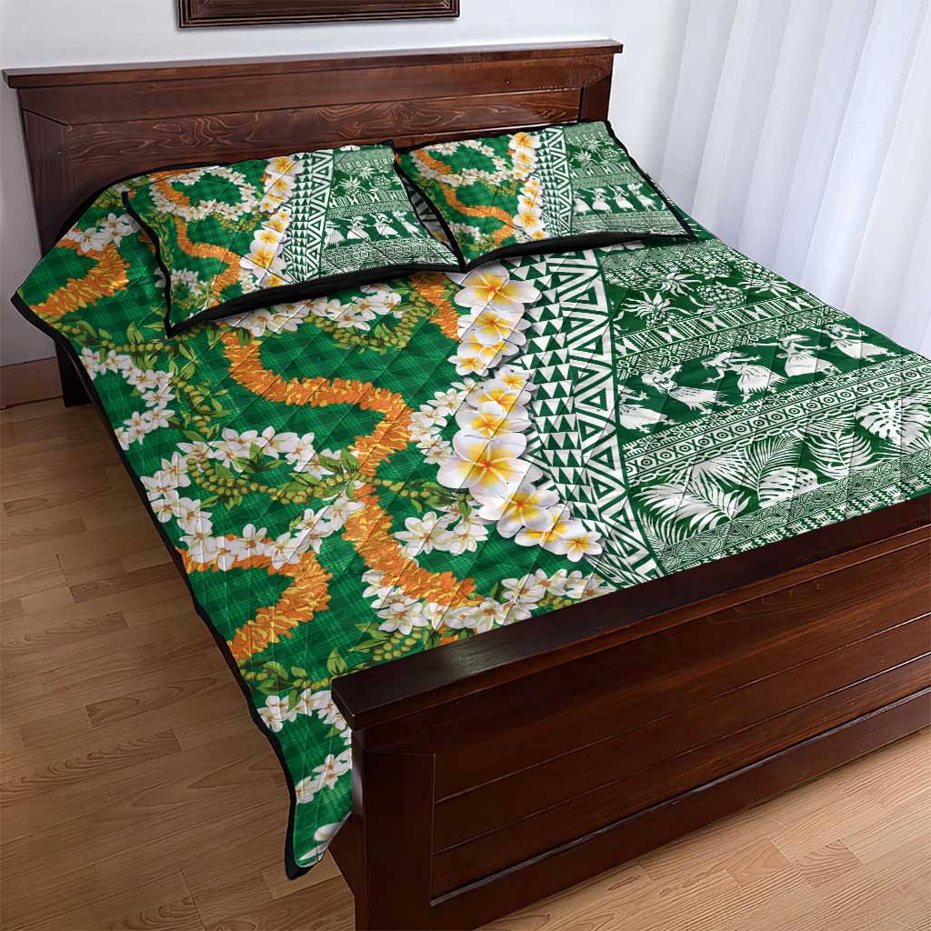 Hawaiian Plumeria Lei Quilt Bed Set Kakau Motifs and Palaka Half Style Green Color - Polynesian Pride
