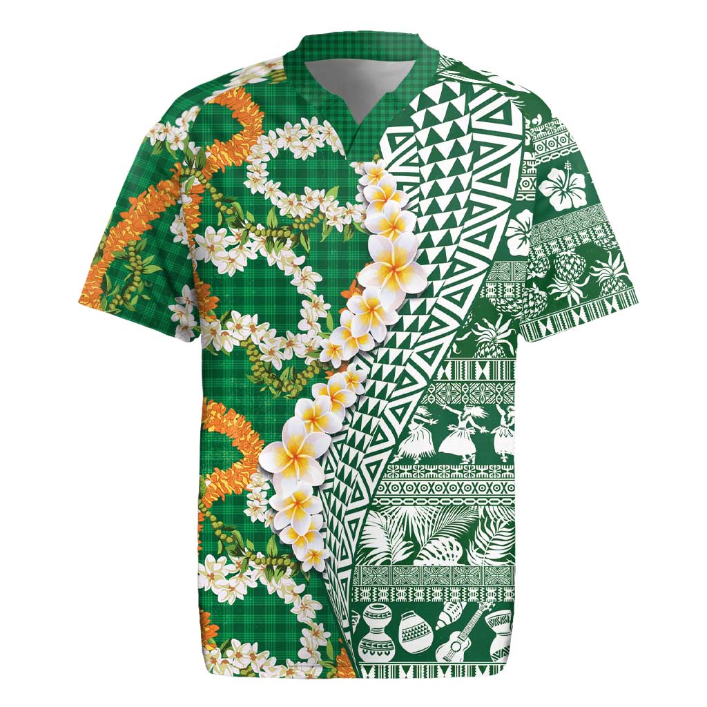Hawaiian Plumeria Lei Rugby Jersey Kakau Motifs and Palaka Half Style Green Color - Polynesian Pride