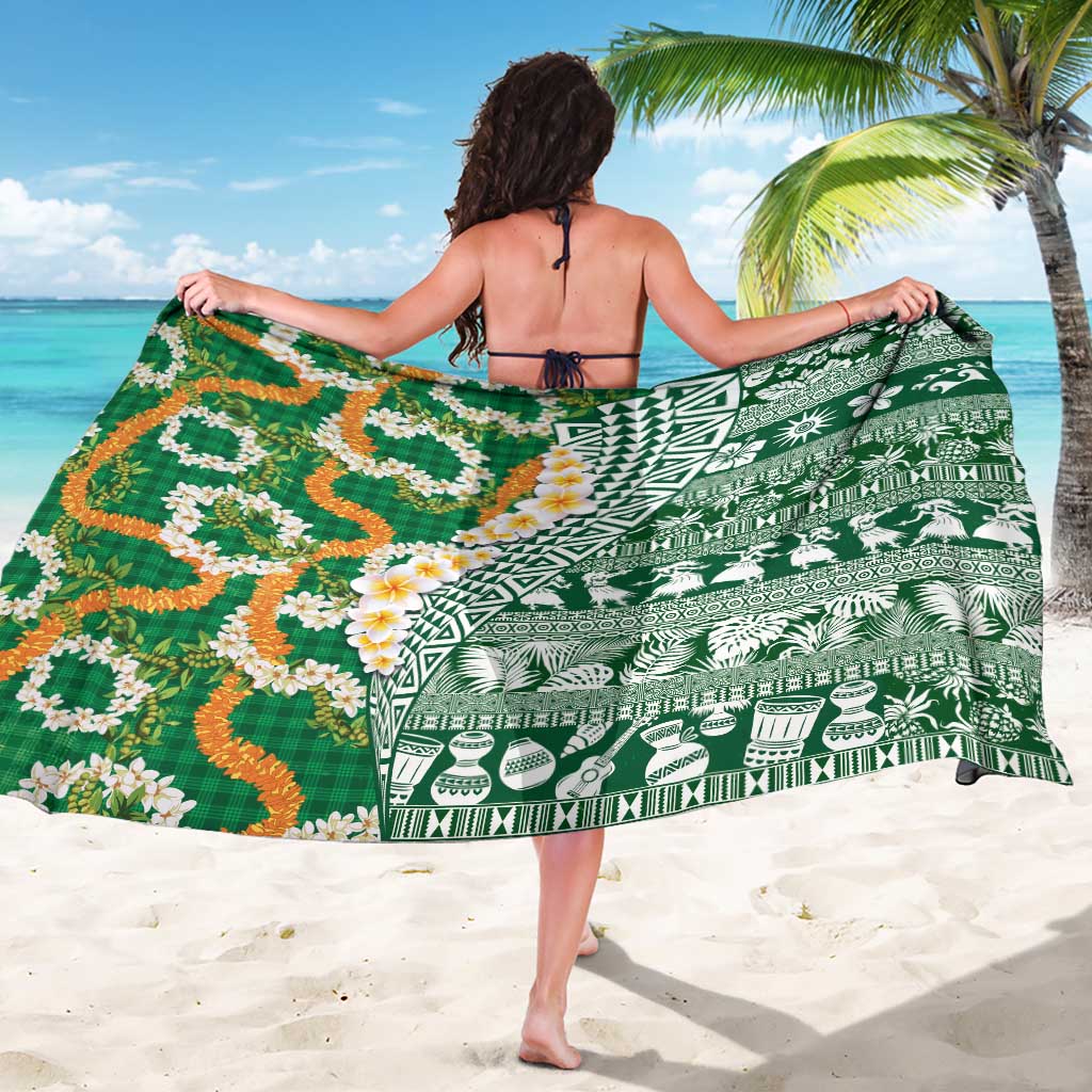Hawaiian Plumeria Lei Sarong Kakau Motifs and Palaka Half Style Green Color - Polynesian Pride