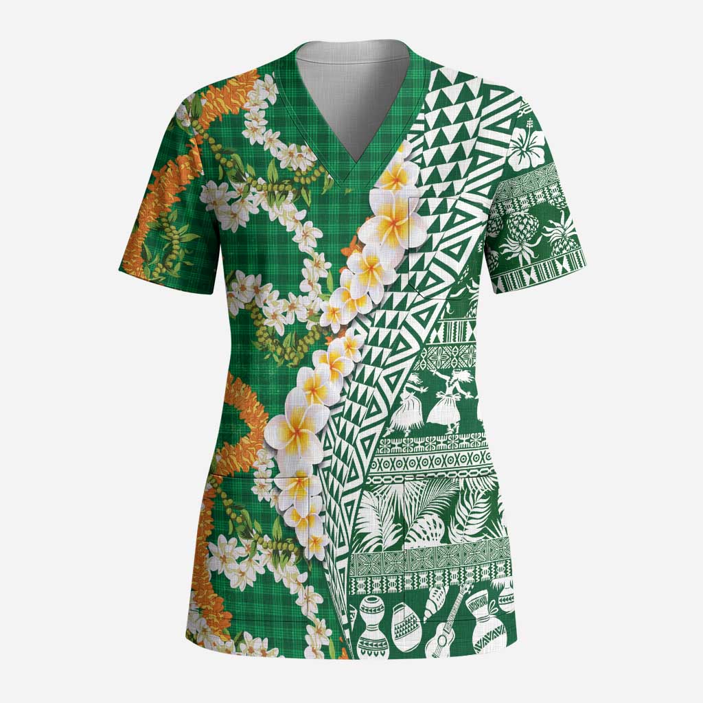 Hawaiian Plumeria Lei Scrub Top Kakau Motifs and Palaka Half Style Green Color LT03 Adult Green - Polynesian Pride