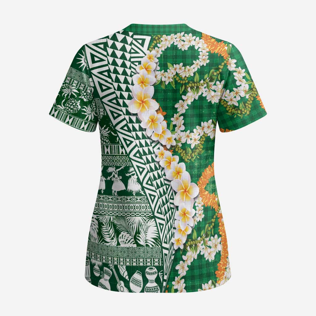 Hawaiian Plumeria Lei Scrub Top Kakau Motifs and Palaka Half Style Green Color LT03 - Polynesian Pride