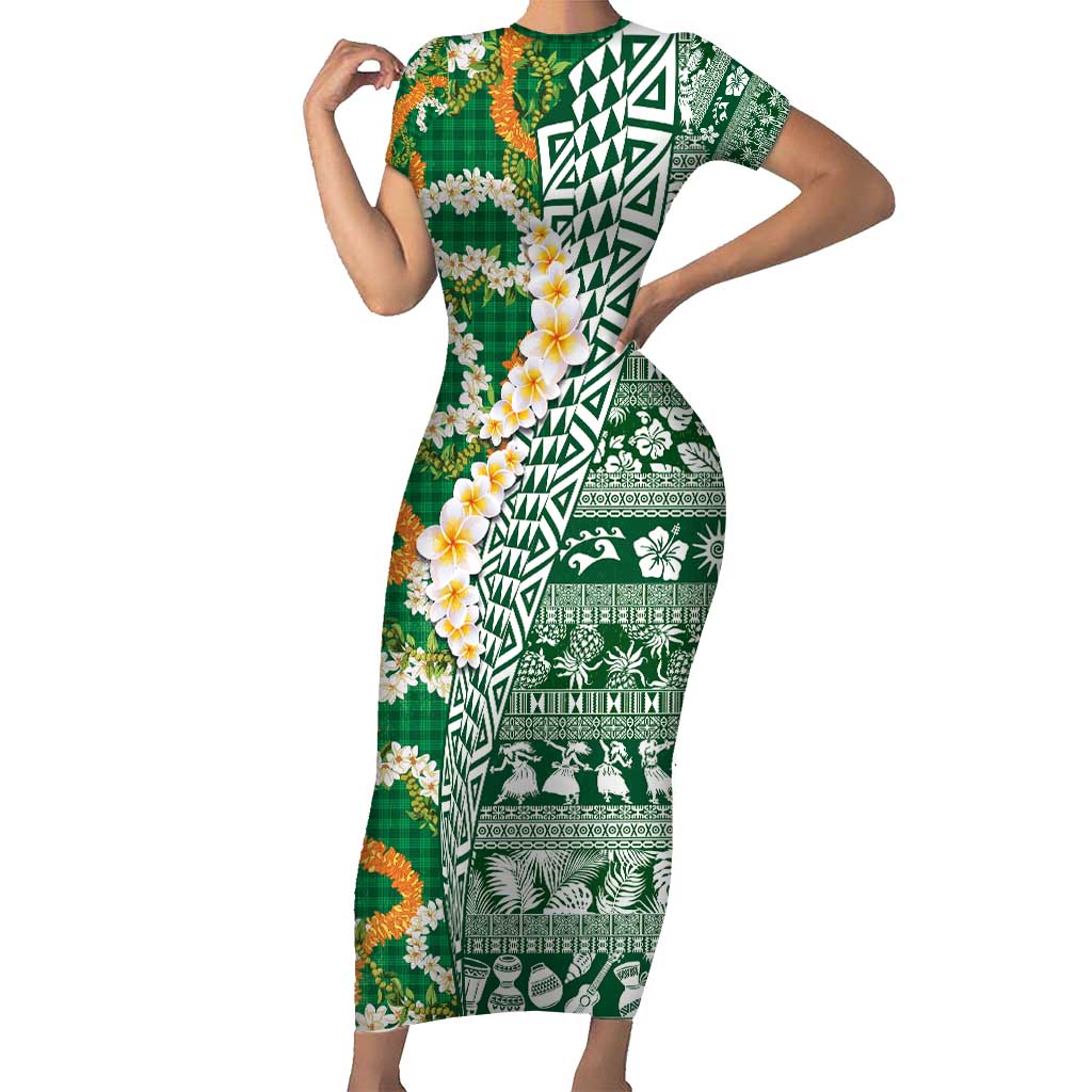 Hawaiian Plumeria Lei Short Sleeve Bodycon Dress Kakau Motifs and Palaka Half Style Green Color - Polynesian Pride