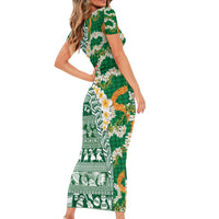 Hawaiian Plumeria Lei Short Sleeve Bodycon Dress Kakau Motifs and Palaka Half Style Green Color - Polynesian Pride