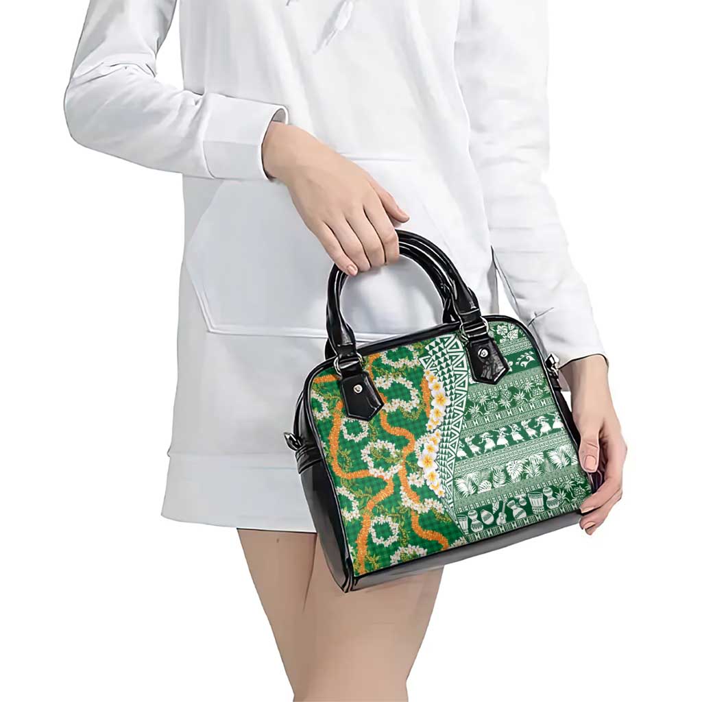 Hawaiian Plumeria Lei Shoulder Handbag Kakau Motifs and Palaka Half Style Green Color LT03 - Polynesian Pride