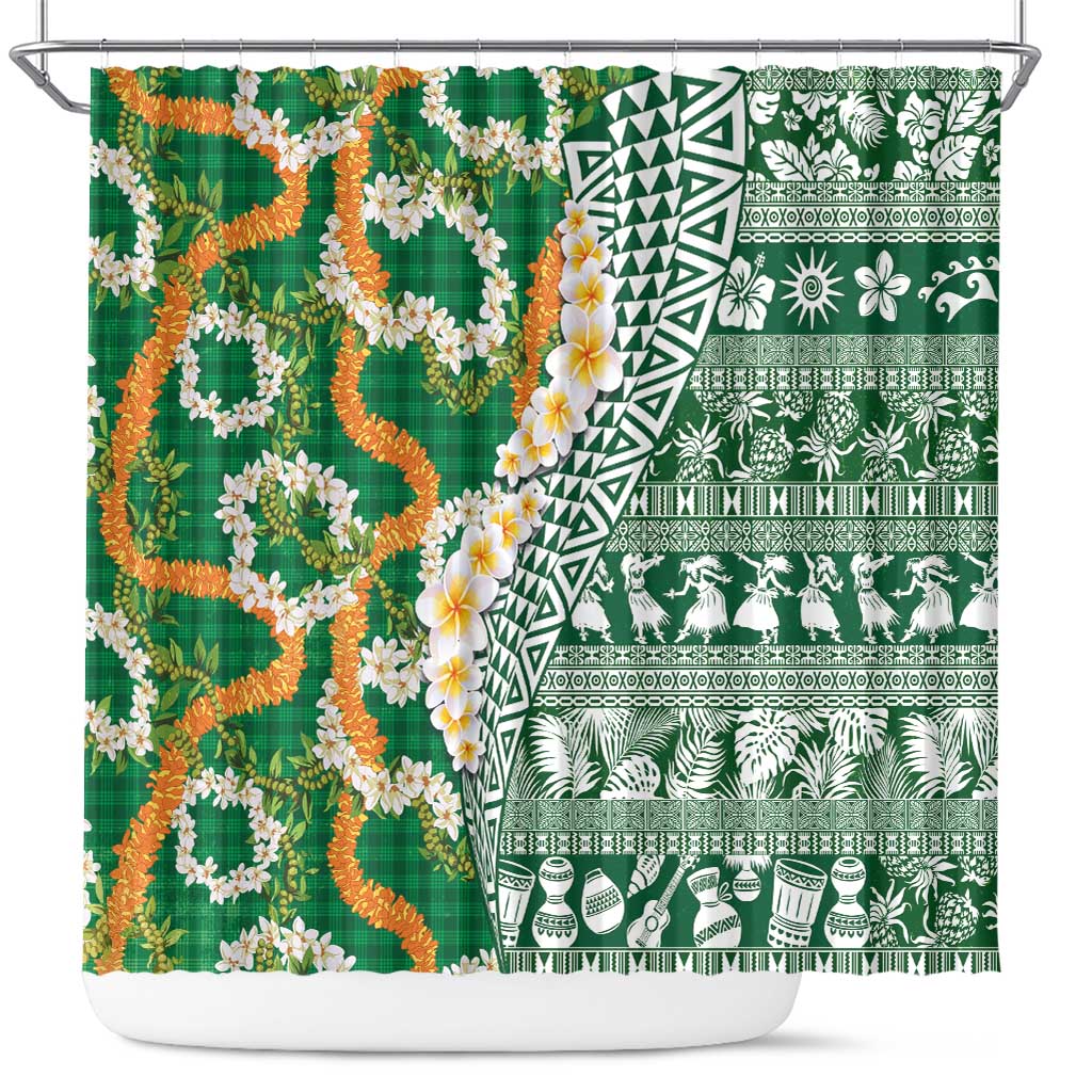 Hawaiian Plumeria Lei Shower Curtain Kakau Motifs and Palaka Half Style Green Color - Polynesian Pride