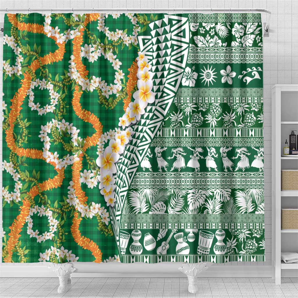Hawaiian Plumeria Lei Shower Curtain Kakau Motifs and Palaka Half Style Green Color - Polynesian Pride