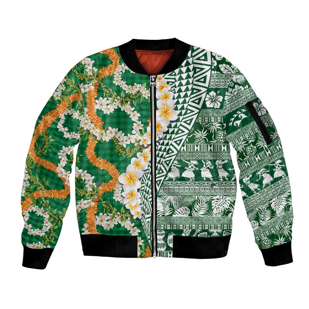Hawaiian Plumeria Lei Sleeve Zip Bomber Jacket Kakau Motifs and Palaka Half Style Green Color - Polynesian Pride
