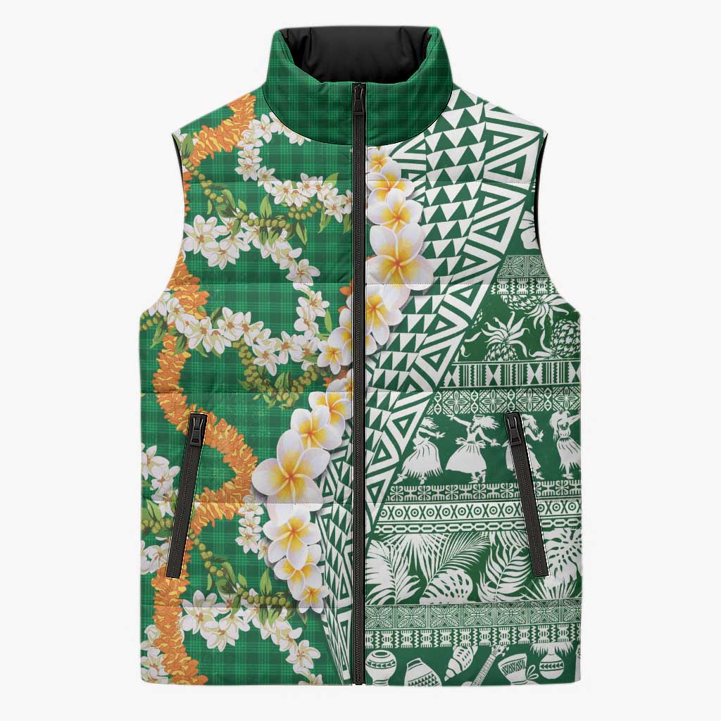 Hawaiian Plumeria Lei Sleeveless Puffer Jacket Kakau Motifs and Palaka Half Style Green Color LT03 Unisex Green - Polynesian Pride