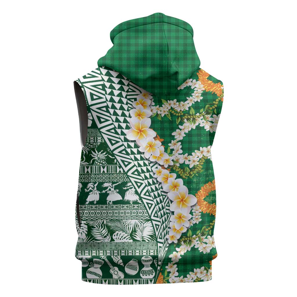 Hawaiian Plumeria Lei Sleeveless Zip Hoodie Kakau Motifs and Palaka Half Style Green Color - Polynesian Pride