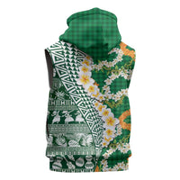 Hawaiian Plumeria Lei Sleeveless Zip Hoodie Kakau Motifs and Palaka Half Style Green Color - Polynesian Pride
