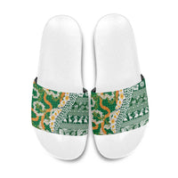 Hawaiian Plumeria Lei Slide Sandals Kakau Motifs and Palaka Half Style Green Color - Polynesian Pride