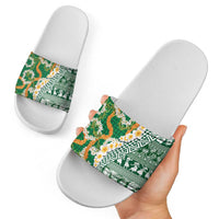 Hawaiian Plumeria Lei Slide Sandals Kakau Motifs and Palaka Half Style Green Color - Polynesian Pride