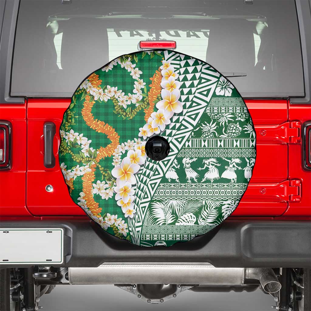 Hawaiian Plumeria Lei Spare Tire Cover Kakau Motifs and Palaka Half Style Green Color - Polynesian Pride