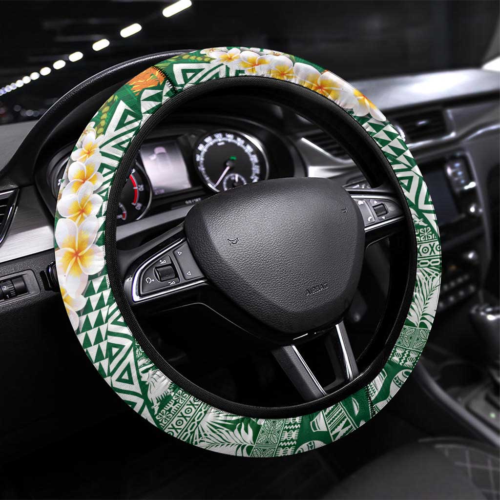 Hawaiian Plumeria Lei Steering Wheel Cover Kakau Motifs and Palaka Half Style Green Color - Polynesian Pride