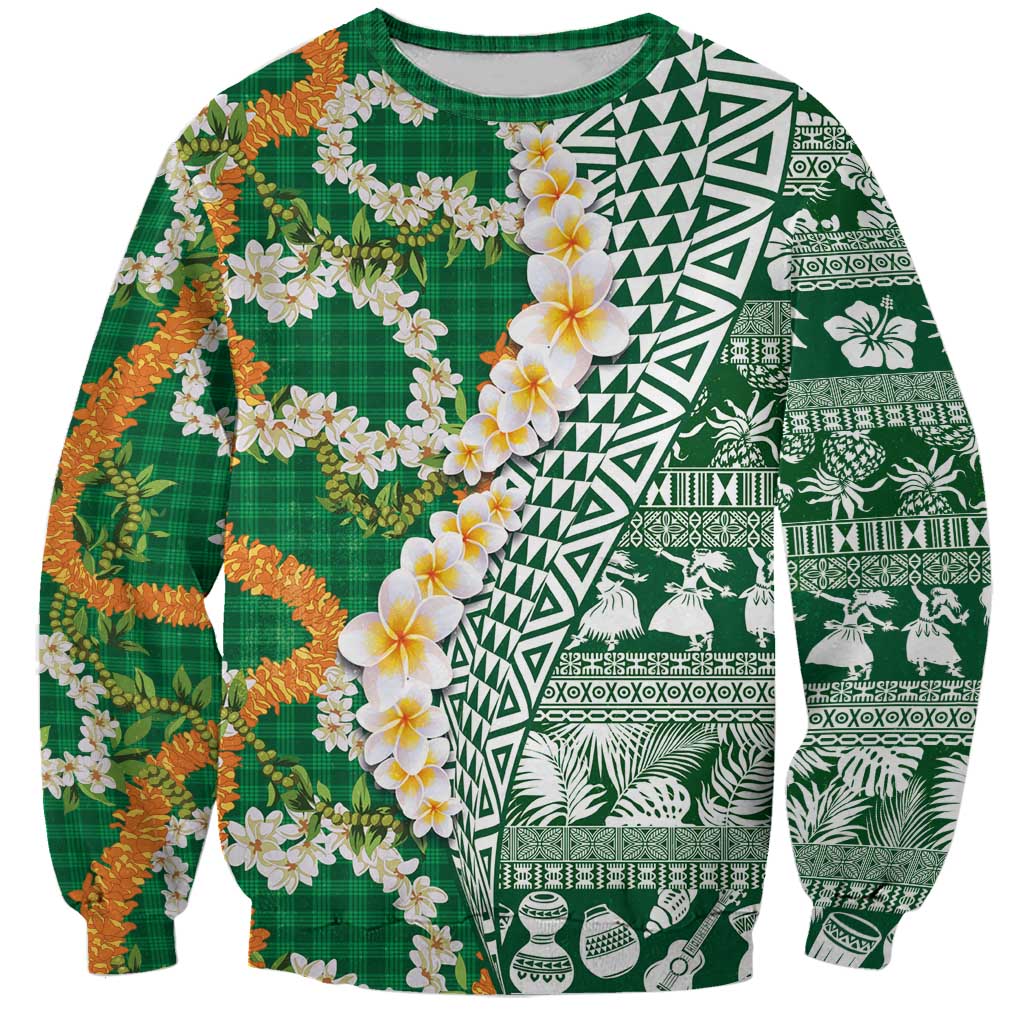 Hawaiian Plumeria Lei Sweatshirt Kakau Motifs and Palaka Half Style Green Color LT03 Unisex Green - Polynesian Pride