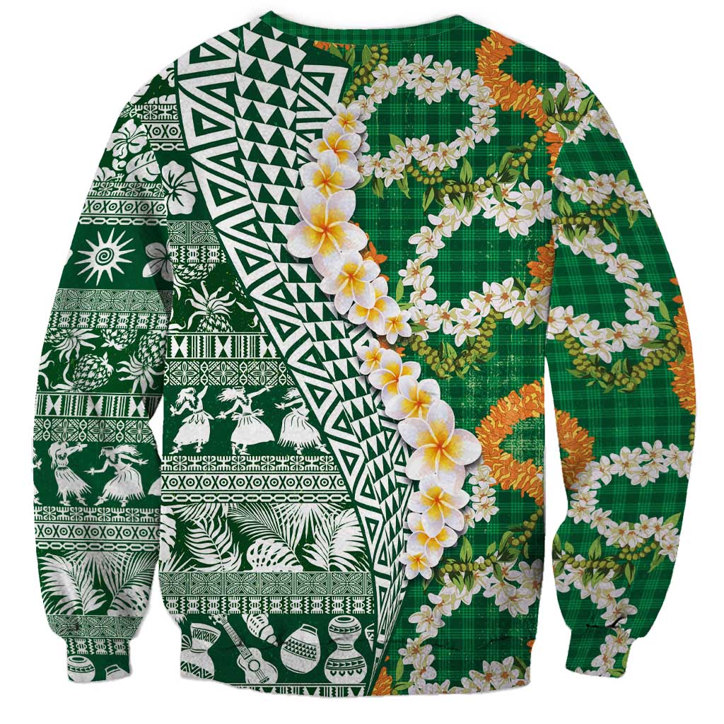 Hawaiian Plumeria Lei Sweatshirt Kakau Motifs and Palaka Half Style Green Color LT03 - Polynesian Pride