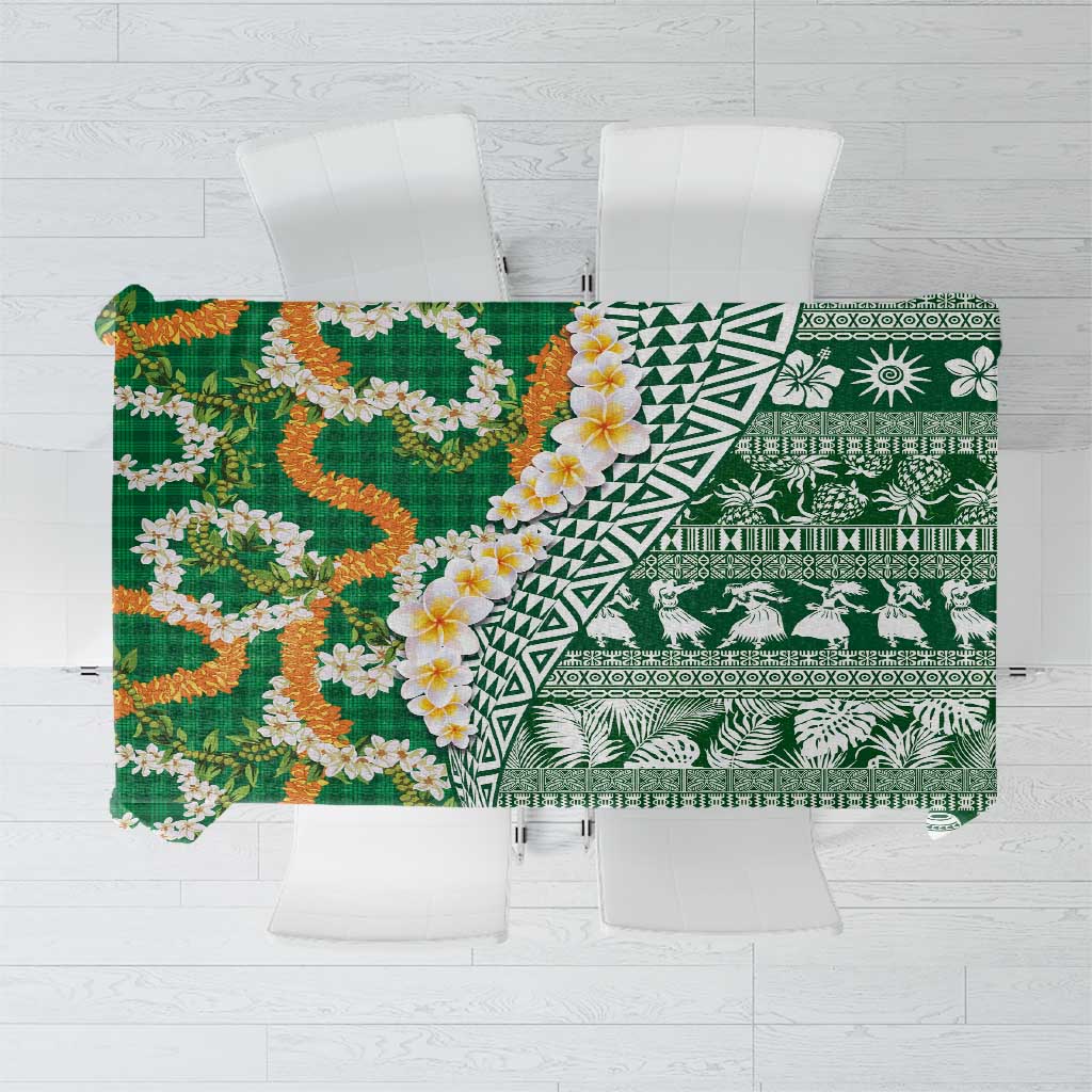 Hawaiian Plumeria Lei Tablecloth Kakau Motifs and Palaka Half Style Green Color LT03 Green - Polynesian Pride