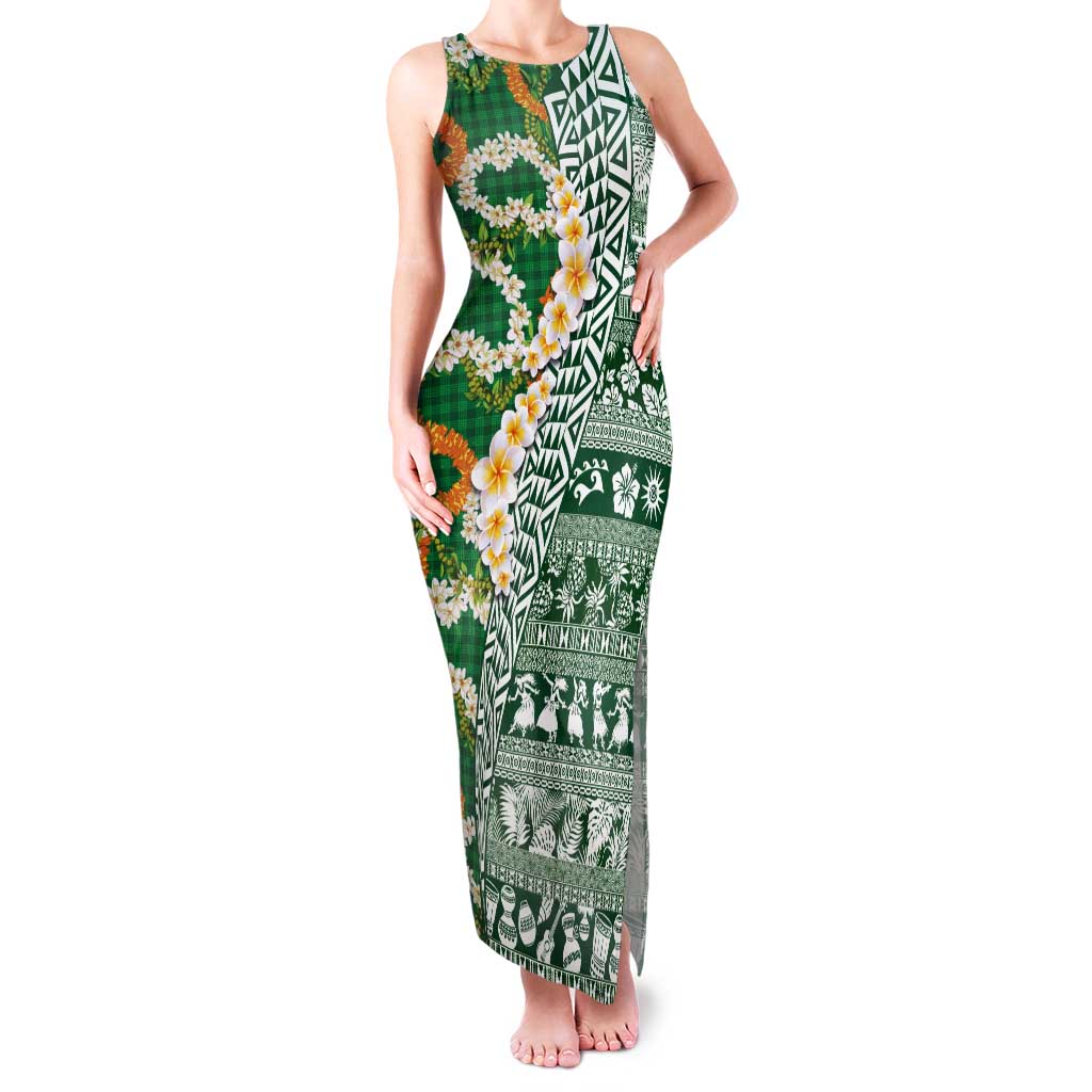 Hawaiian Plumeria Lei Tank Maxi Dress Kakau Motifs and Palaka Half Style Green Color - Polynesian Pride