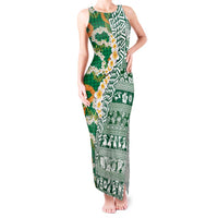 Hawaiian Plumeria Lei Tank Maxi Dress Kakau Motifs and Palaka Half Style Green Color - Polynesian Pride