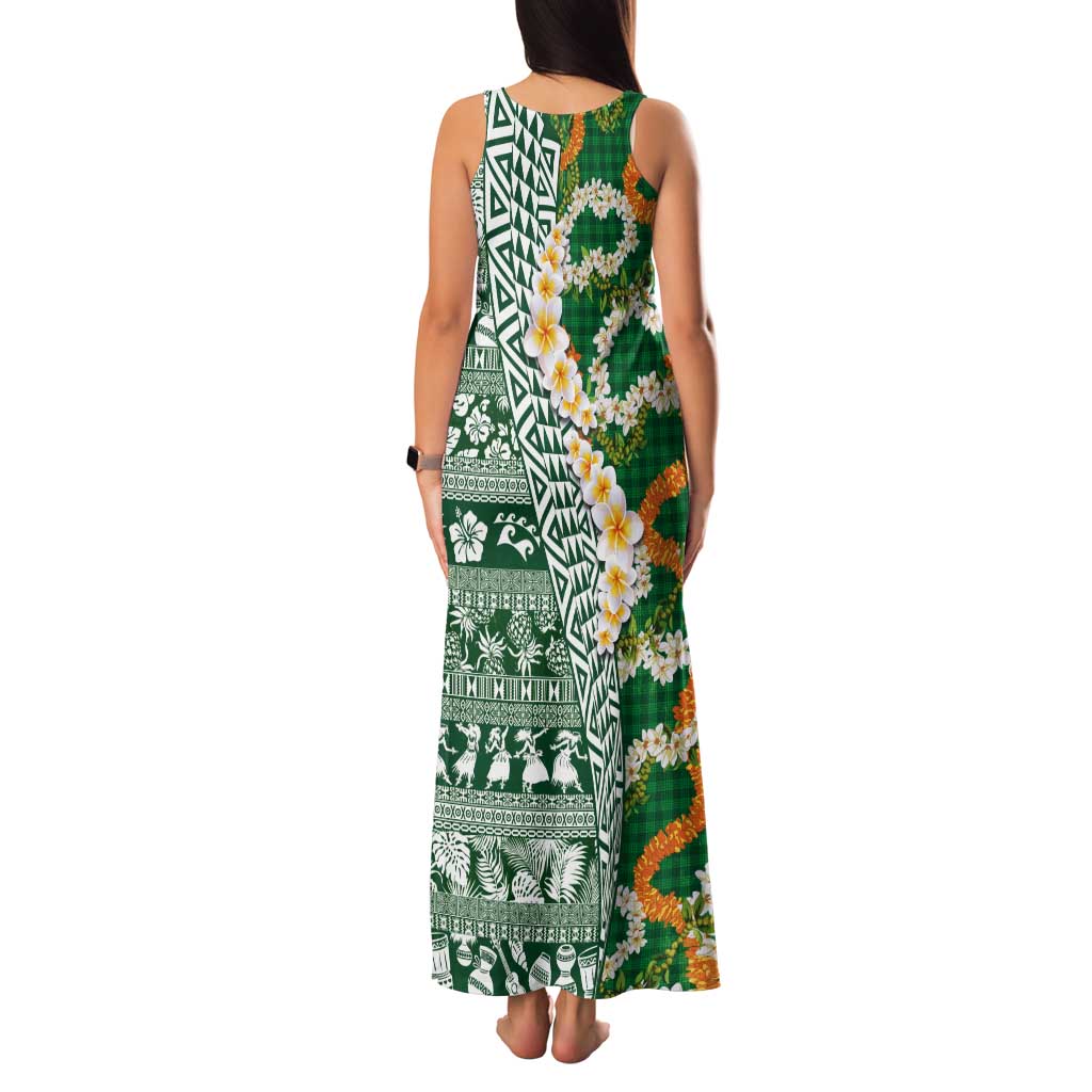 Hawaiian Plumeria Lei Tank Maxi Dress Kakau Motifs and Palaka Half Style Green Color - Polynesian Pride