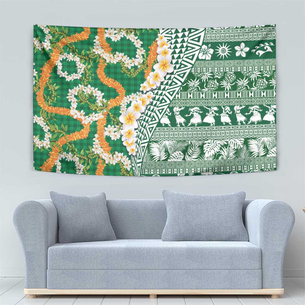Hawaiian Plumeria Lei Tapestry Kakau Motifs and Palaka Half Style Green Color - Polynesian Pride