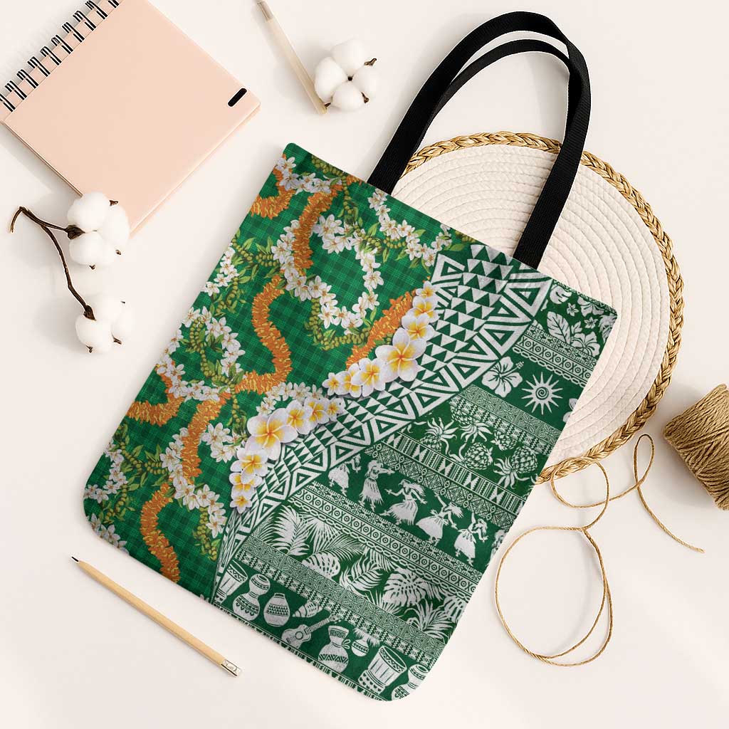 Hawaiian Plumeria Lei Tote Bag Kakau Motifs and Palaka Half Style Green Color - Polynesian Pride
