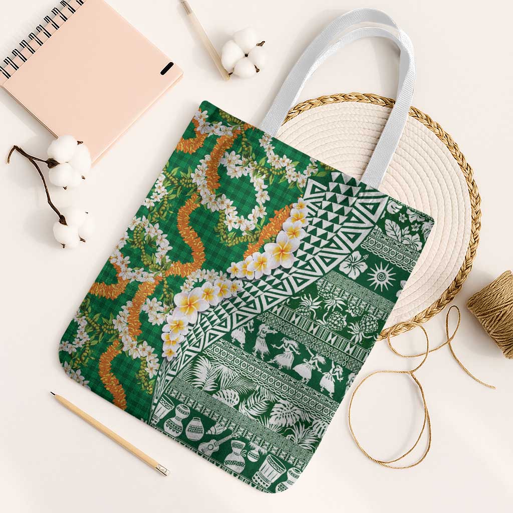 Hawaiian Plumeria Lei Tote Bag Kakau Motifs and Palaka Half Style Green Color - Polynesian Pride