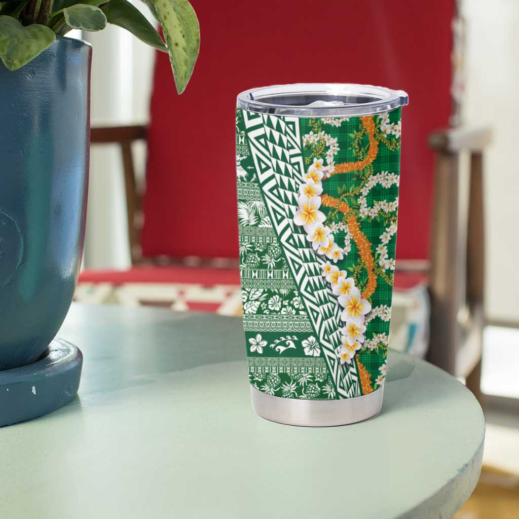 Hawaiian Plumeria Lei Tumbler Cup Kakau Motifs and Palaka Half Style Green Color - Polynesian Pride