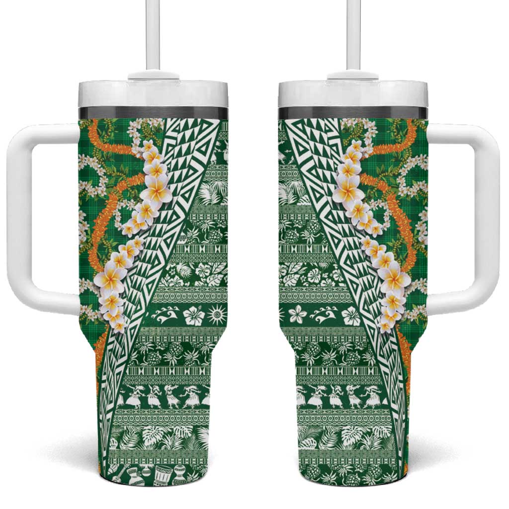 Hawaiian Plumeria Lei Tumbler With Handle Kakau Motifs and Palaka Half Style Green Color - Polynesian Pride