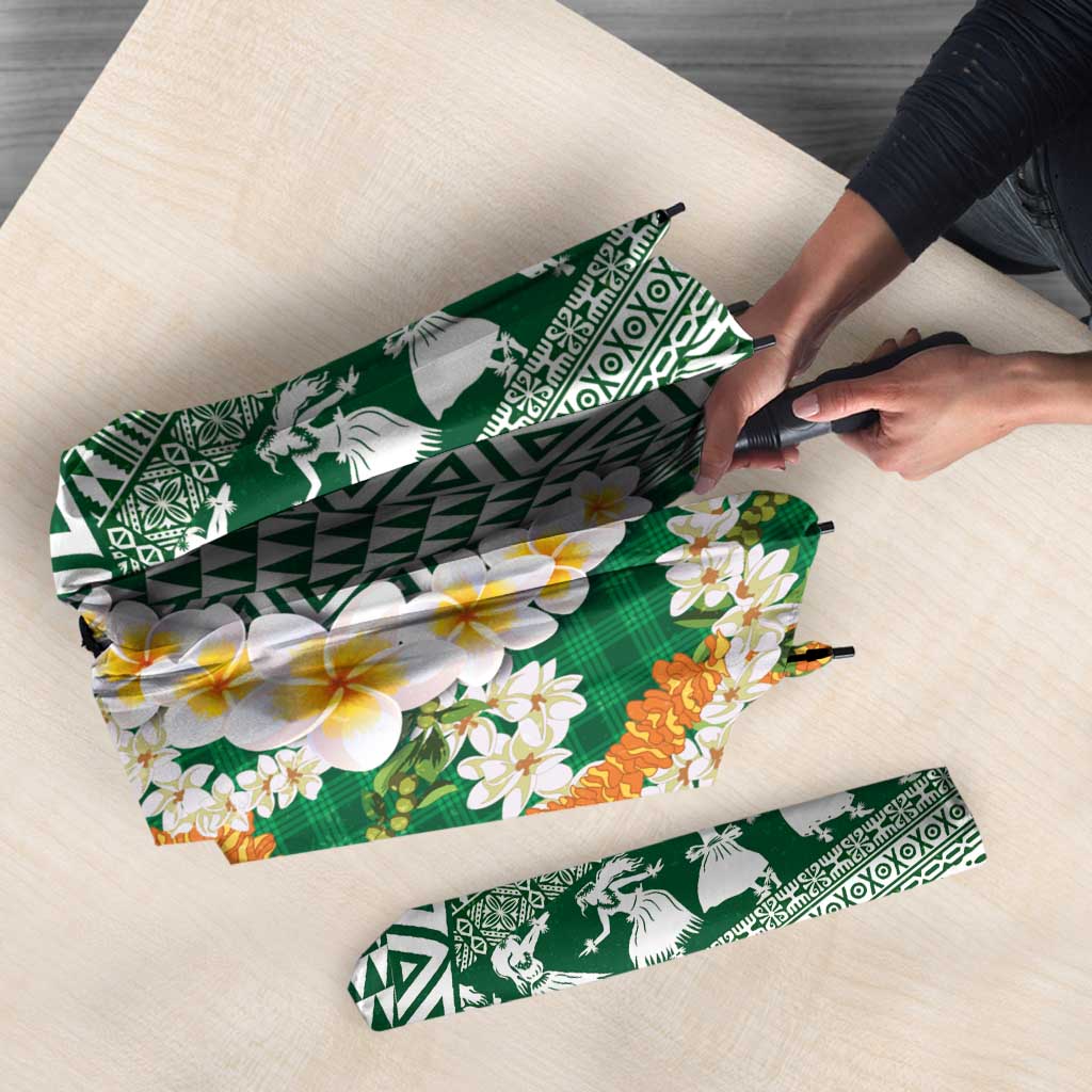 Hawaiian Plumeria Lei Umbrella Kakau Motifs and Palaka Half Style Green Color LT03 - Polynesian Pride