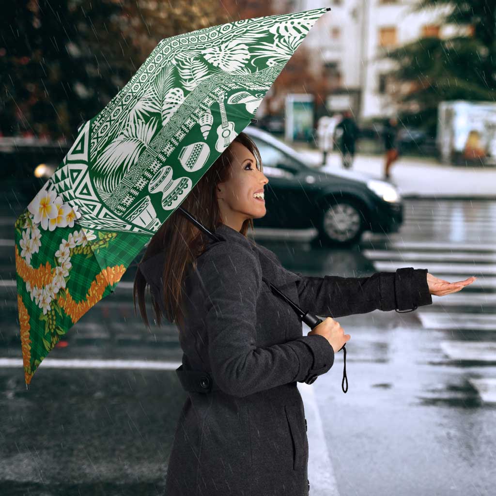 Hawaiian Plumeria Lei Umbrella Kakau Motifs and Palaka Half Style Green Color LT03 - Polynesian Pride