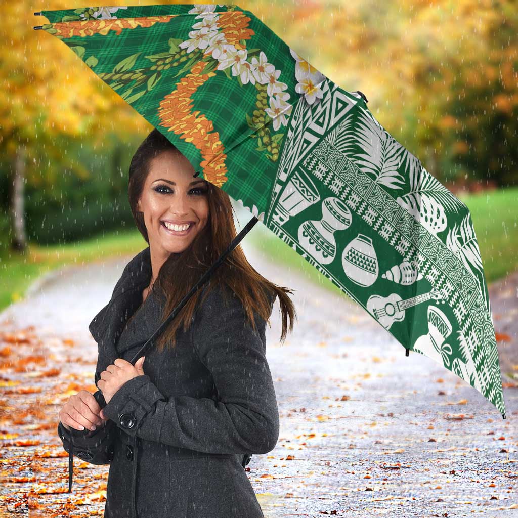 Hawaiian Plumeria Lei Umbrella Kakau Motifs and Palaka Half Style Green Color LT03 - Polynesian Pride