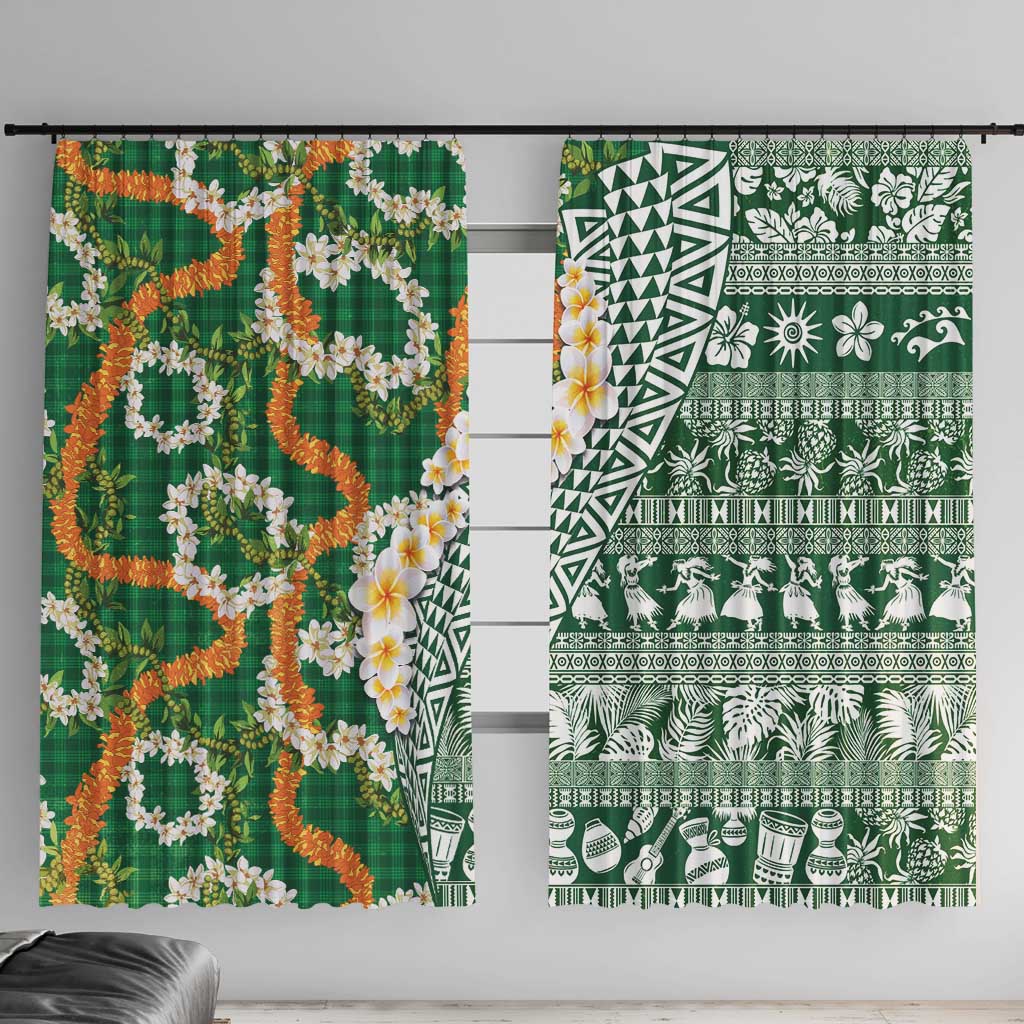 Hawaiian Plumeria Lei Window Curtain Kakau Motifs and Palaka Half Style Green Color - Polynesian Pride