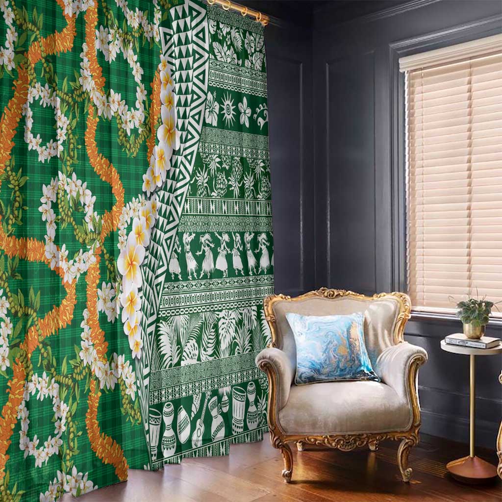 Hawaiian Plumeria Lei Window Curtain Kakau Motifs and Palaka Half Style Green Color - Polynesian Pride