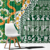 Hawaiian Plumeria Lei Window Curtain Kakau Motifs and Palaka Half Style Green Color - Polynesian Pride